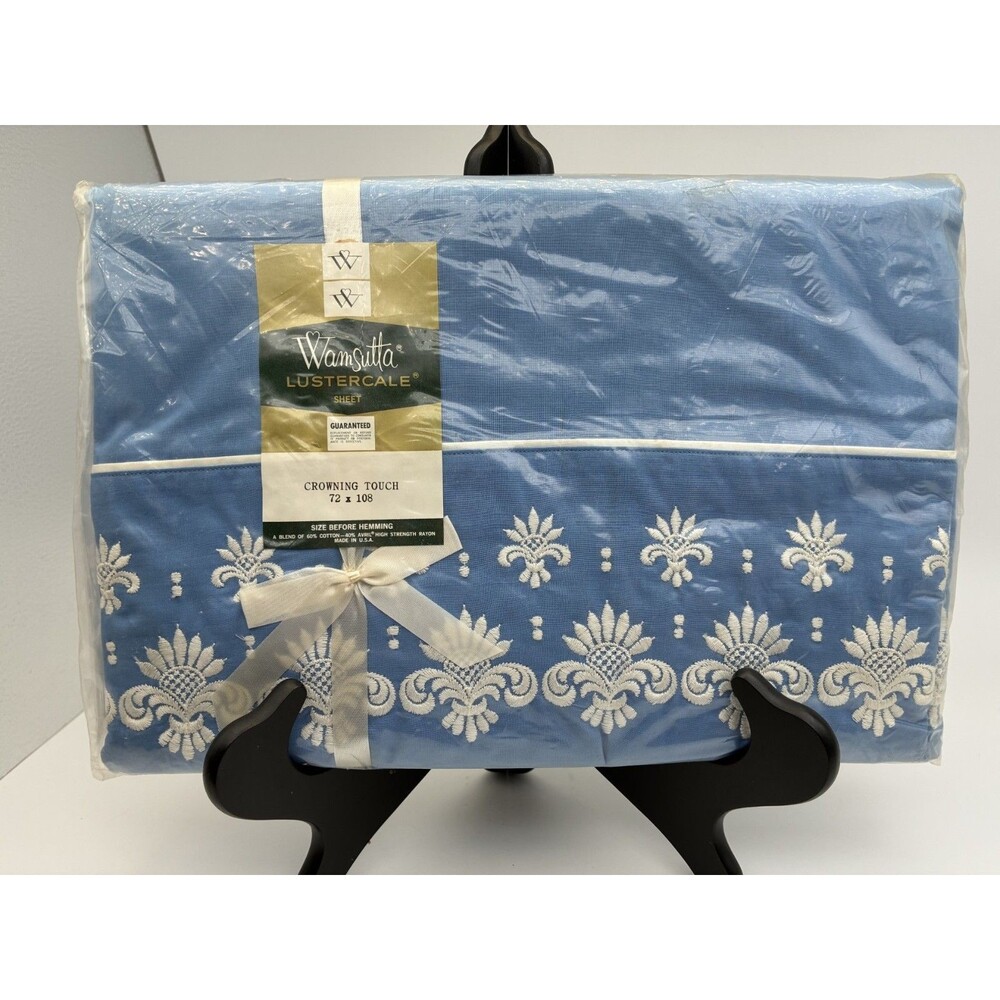 Vintage Wamsutta Lustercale Crowning Touch Blue Embroidered Twin Flat Sheet New